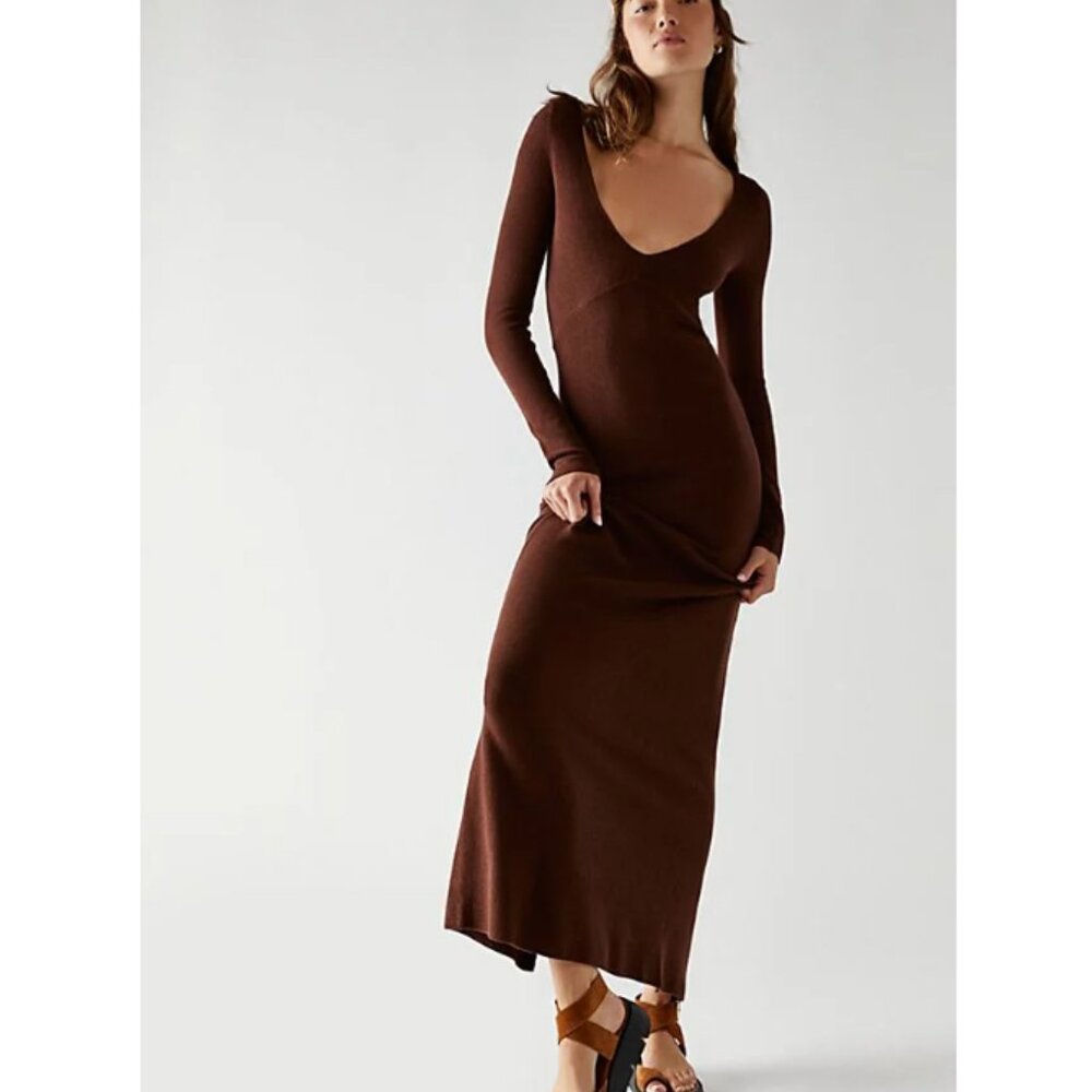 Free People (FP Beach) Trixie Sweater Ribbed Brown Maxi Knit Dress Size M